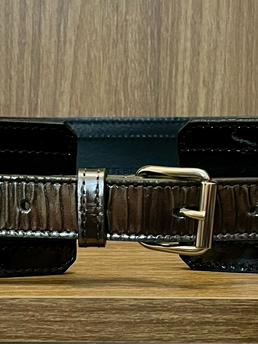 Anne Fontaine Black and Gunmetal Leather Wide Waist Belt with Silver Buckle - Picture 2 of 11